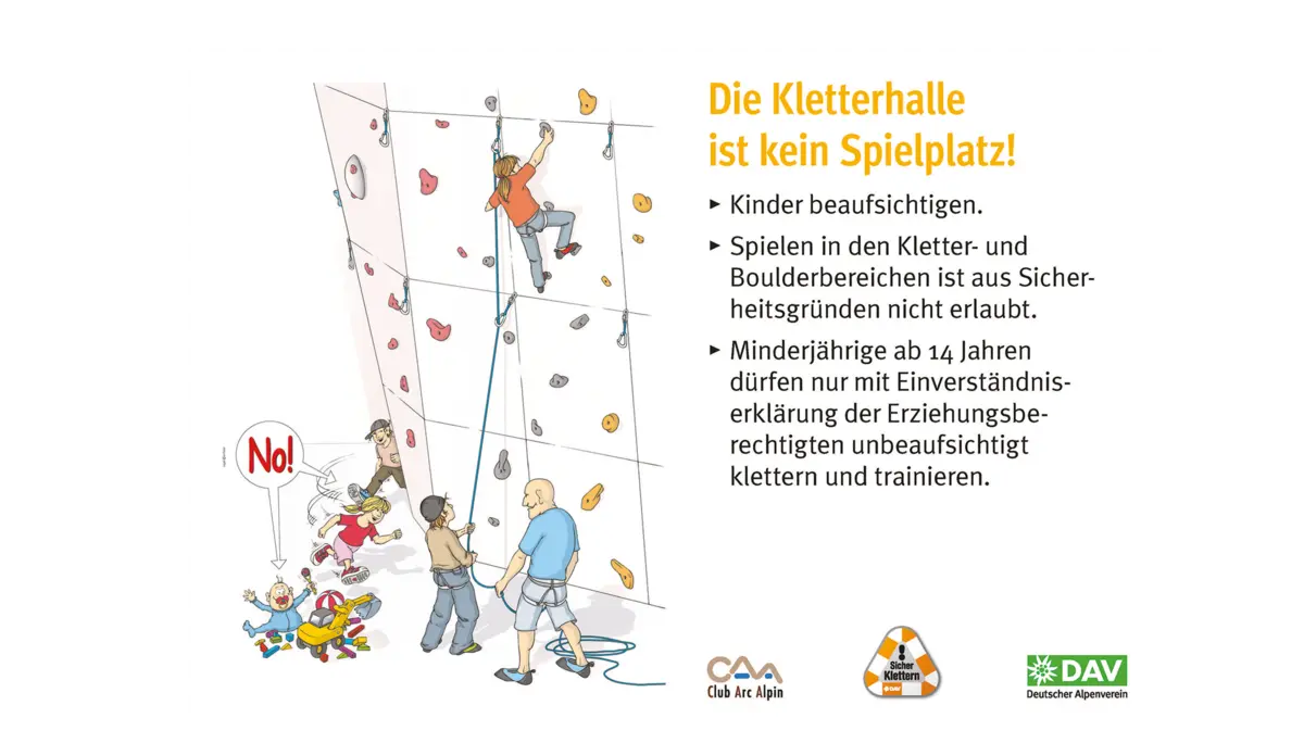 Hallenregeln für Klettern vom DAV. Regel Nummer acht: Gefahr durch Schmuck und lange Haare | © DAV